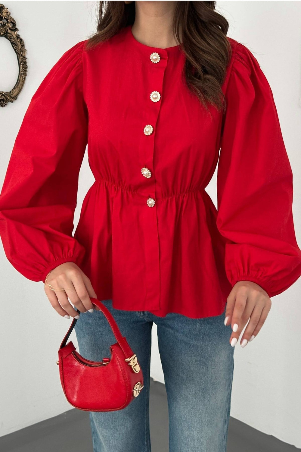 Wholesale Red Blouse with Elastic Waist and Balloon Sleeves