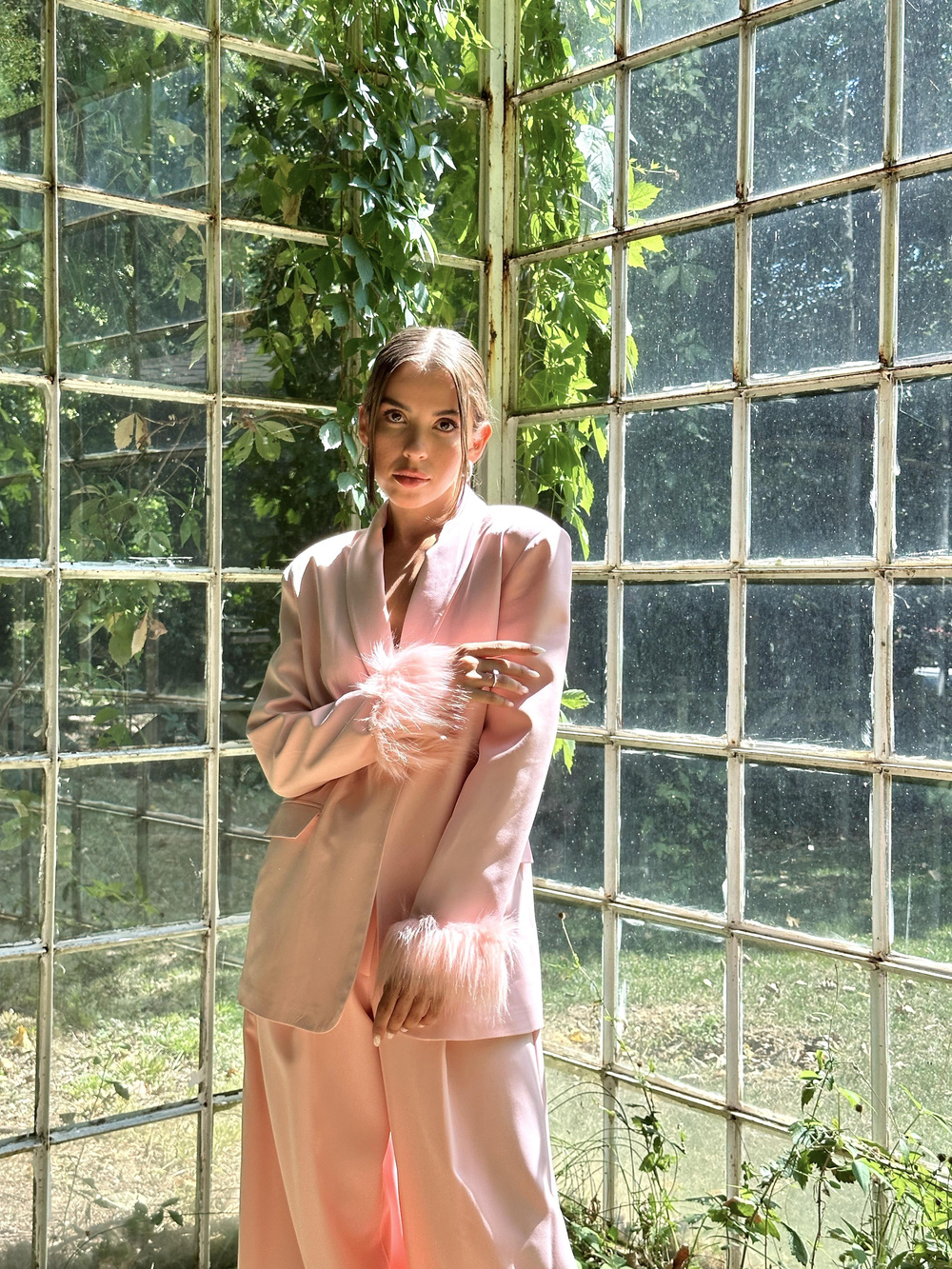 Wholesale Powder Furry Cuffs Jacket and Palazzo Trousers Suit