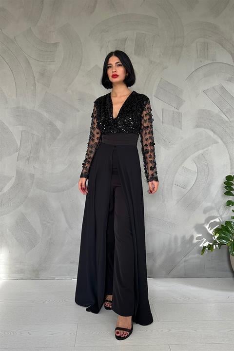 Wholesale Black Sequined Jumpsuit with Skirt Detail
