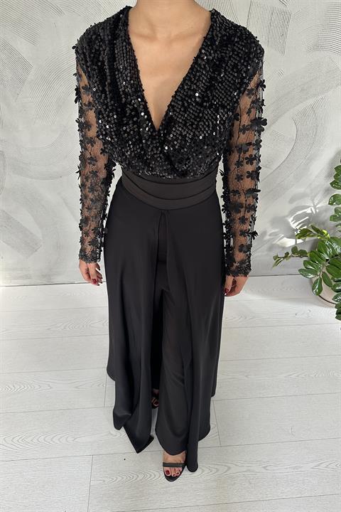 Wholesale Black Sequined Jumpsuit with Skirt Detail