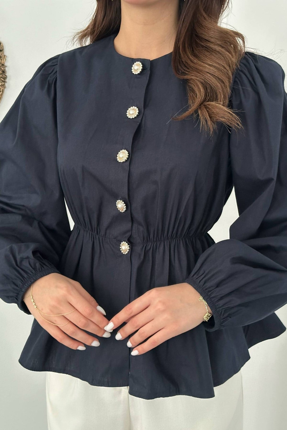 Wholesale Navy Blouse with Elastic Waist and Balloon Sleeves