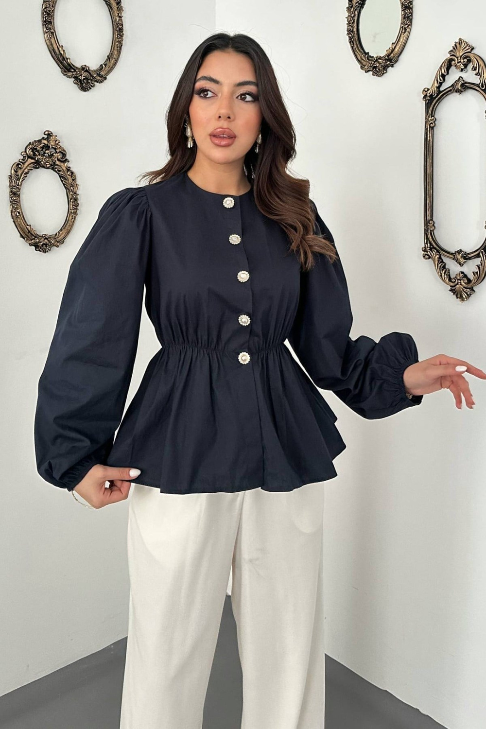 Wholesale Navy Blouse with Elastic Waist and Balloon Sleeves
