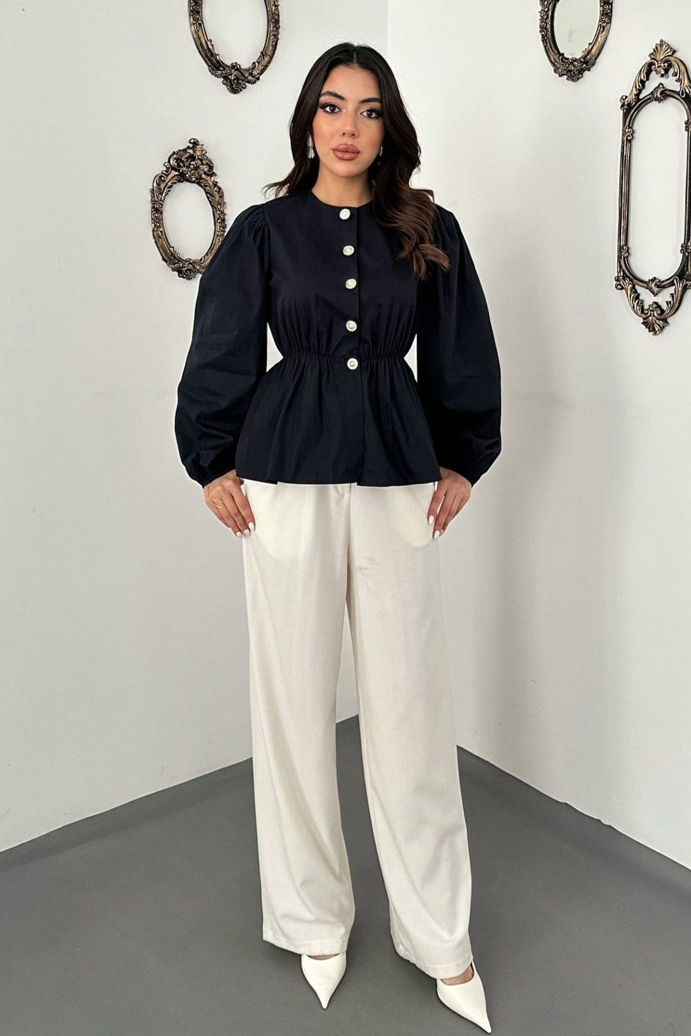 Wholesale Navy Blouse with Elastic Waist and Balloon Sleeves