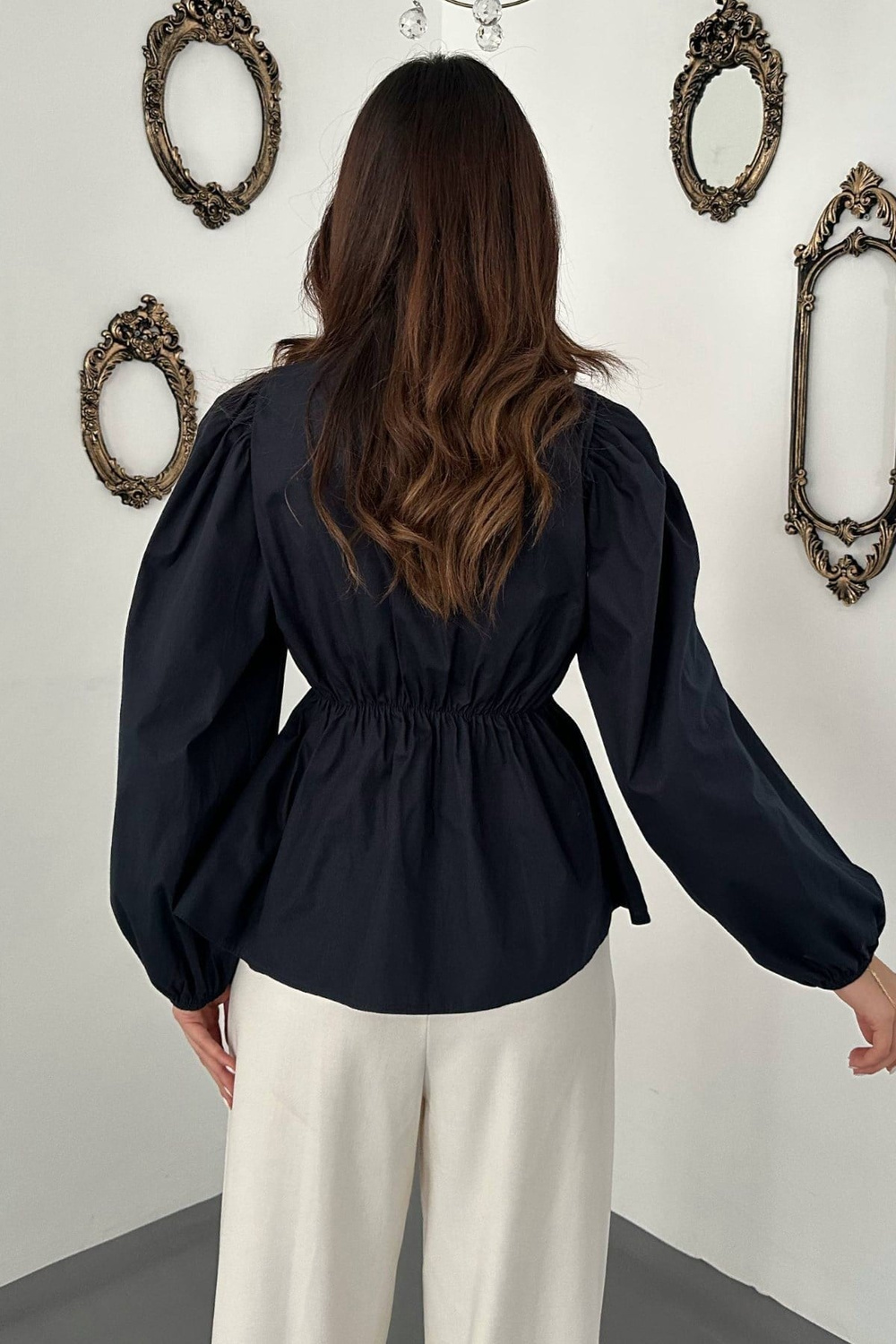 Wholesale Navy Blouse with Elastic Waist and Balloon Sleeves