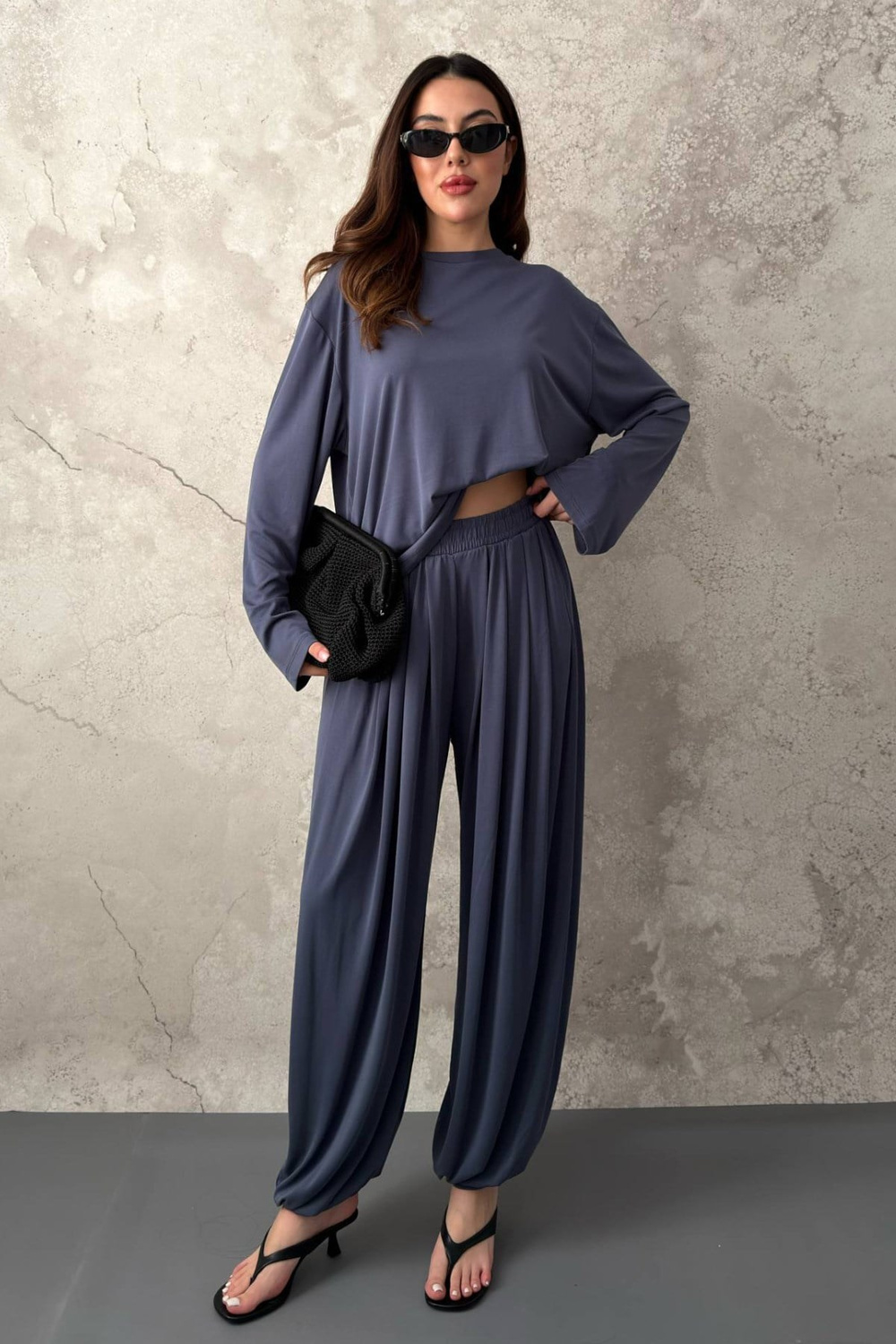 Wholesale Navy Long-Sleeve Top and Salwar Pants Set