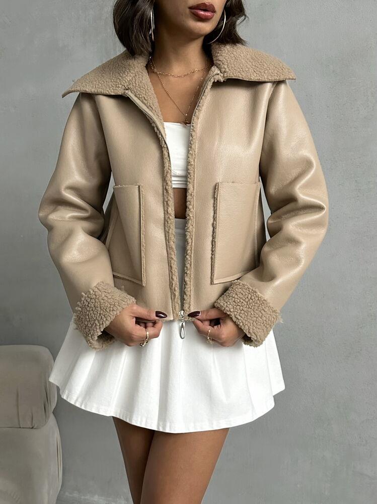 Laminated Leather Wholesale Coat with Zipper - Dark Stone
