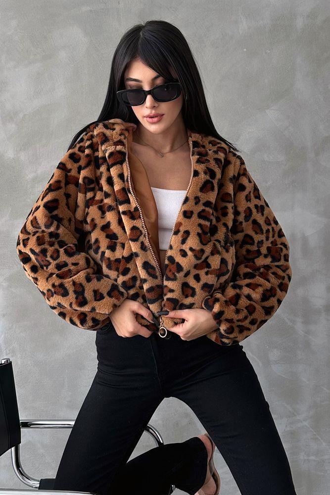 Leopar Bskılı Pejuş Toptan Mont - Camel Leopar