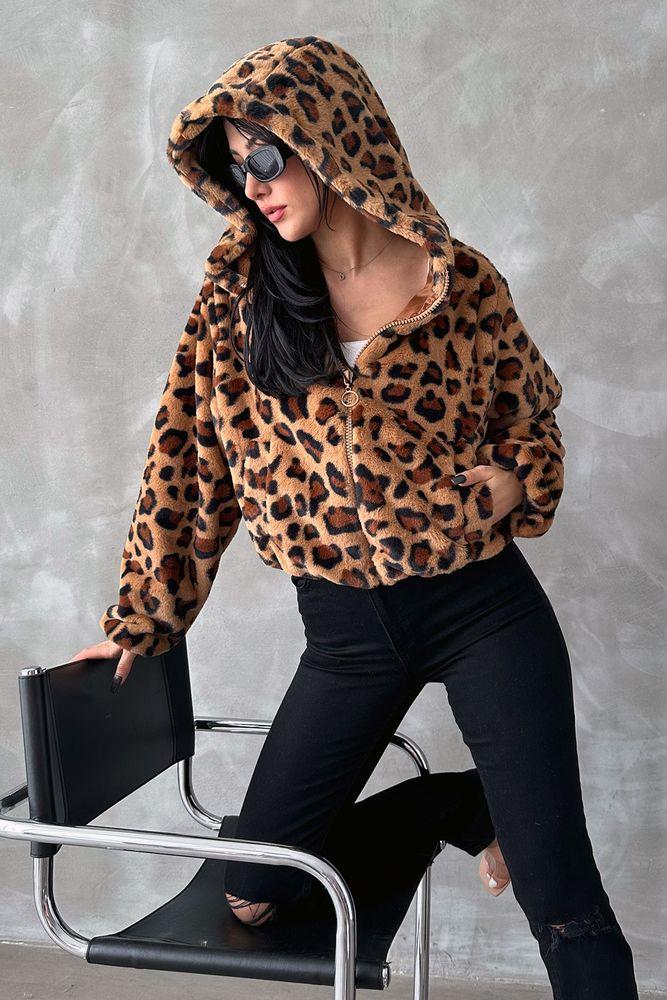 Leopar Bskılı Pejuş Toptan Mont - Camel Leopar