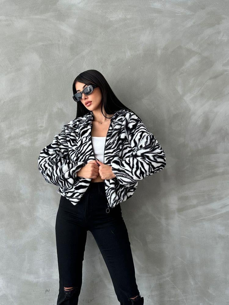 Leopar Bskılı Pejuş Toptan Mont - Siyah Zebra