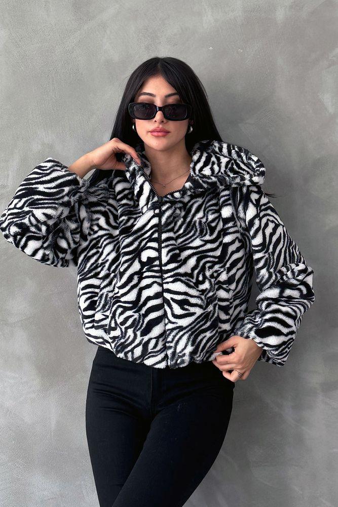 Leopar Bskılı Pejuş Toptan Mont - Siyah Zebra