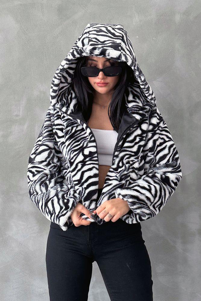 Leopar Bskılı Pejuş Toptan Mont - Siyah Zebra
