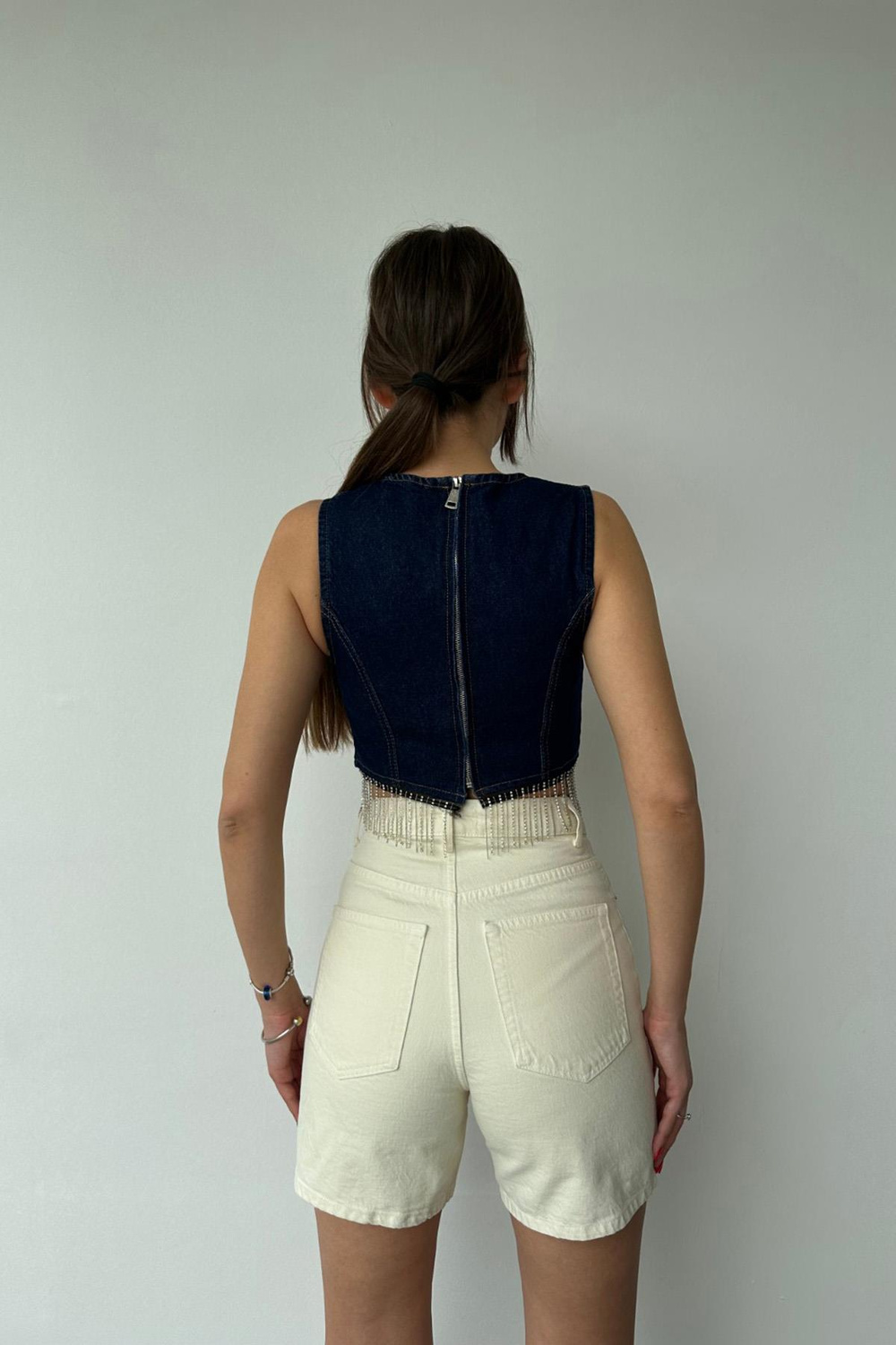 Wholesale Navy Denim Top with Rhinestone Fringe