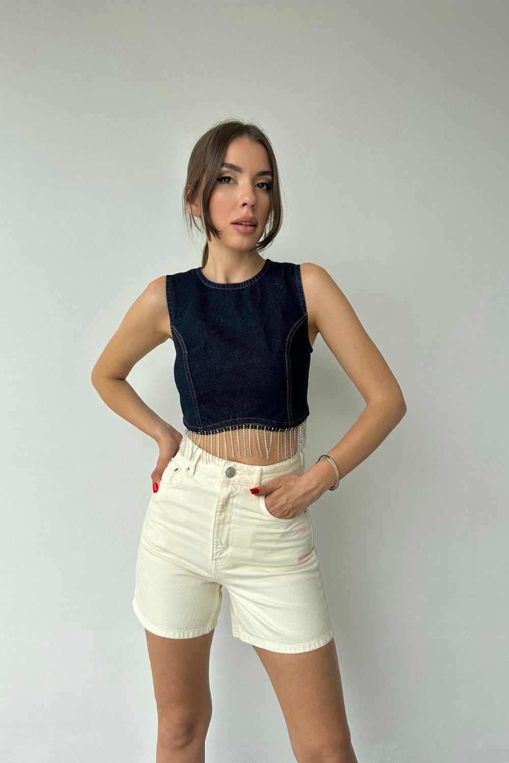 Wholesale Navy Denim Top with Rhinestone Fringe