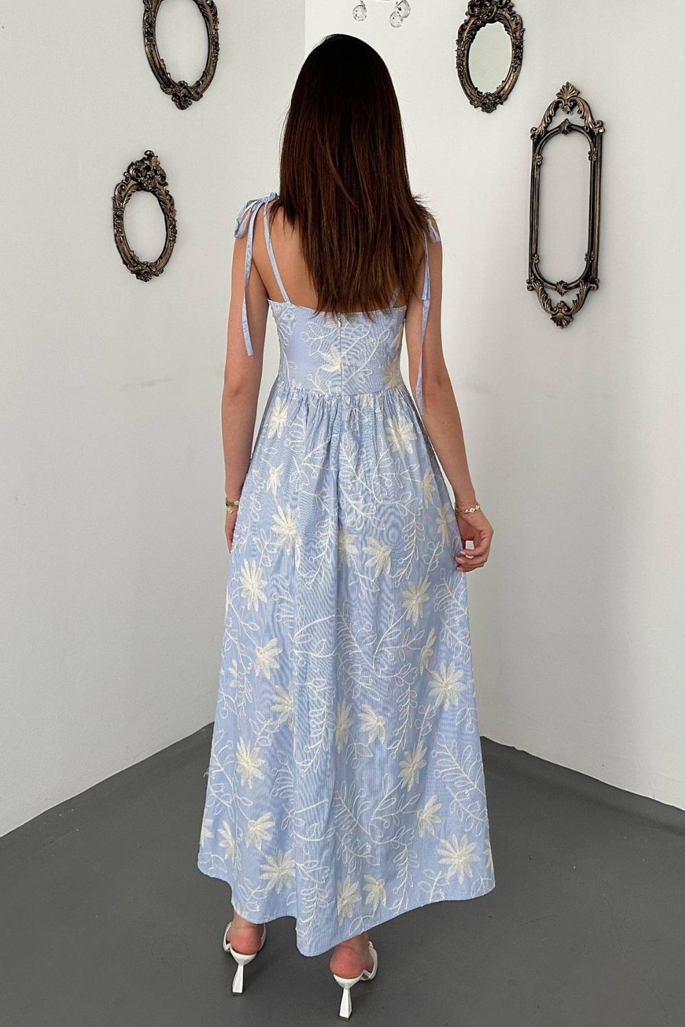 Wholesale Light Blue Jacquard Dress with Lace-Trimmed Waist