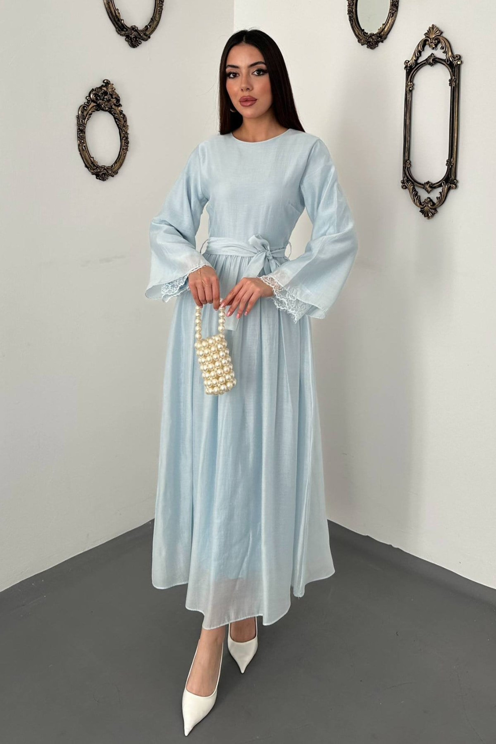 Wholesale Light Blue Lace-Trimmed Lyocell Dress