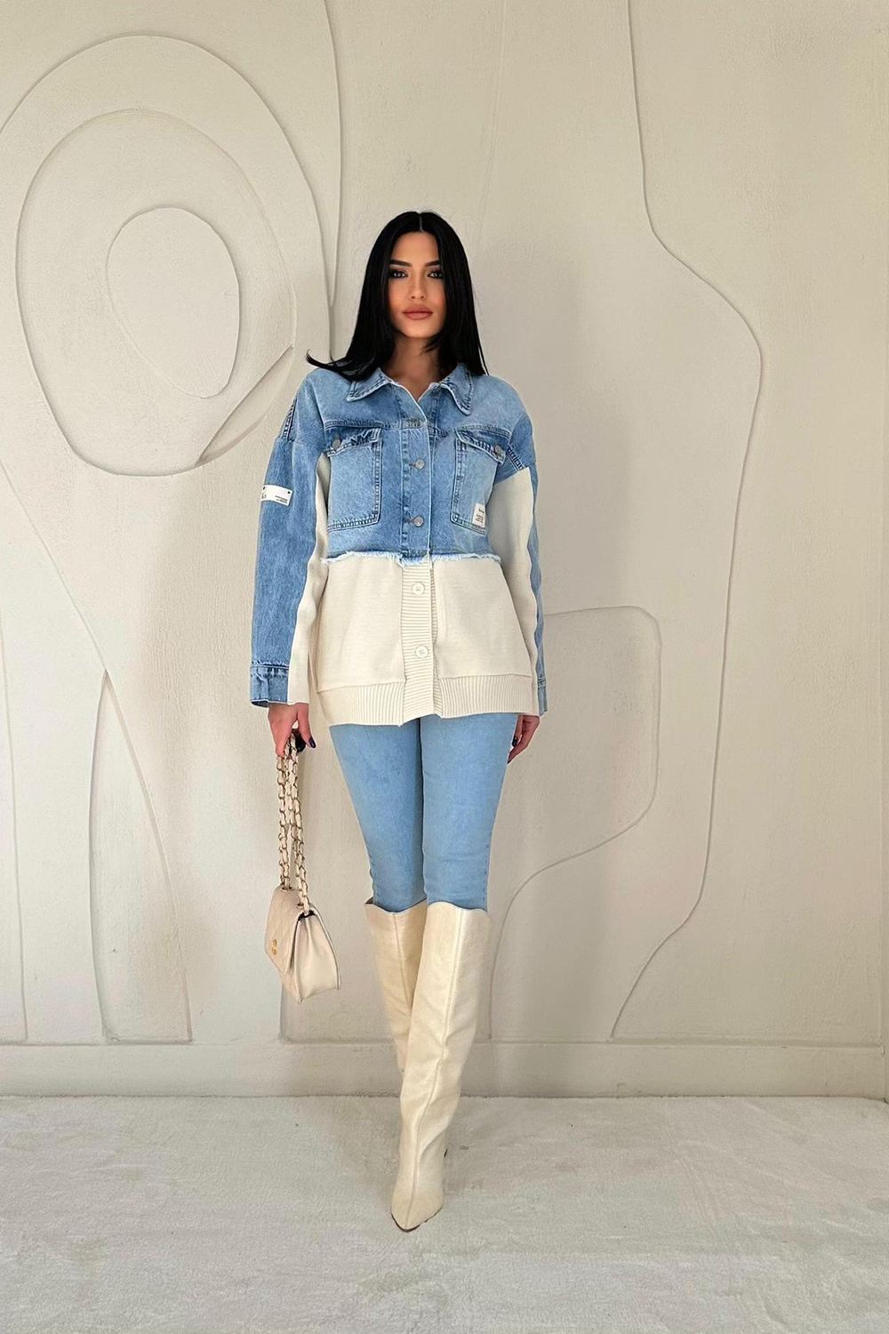 Blue Denim Jacket with Knitted Inserts