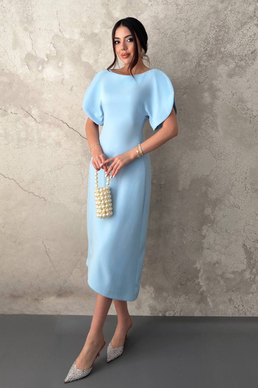 Wholesale Light Blue Petal-Sleeve Boat-Neck Dress