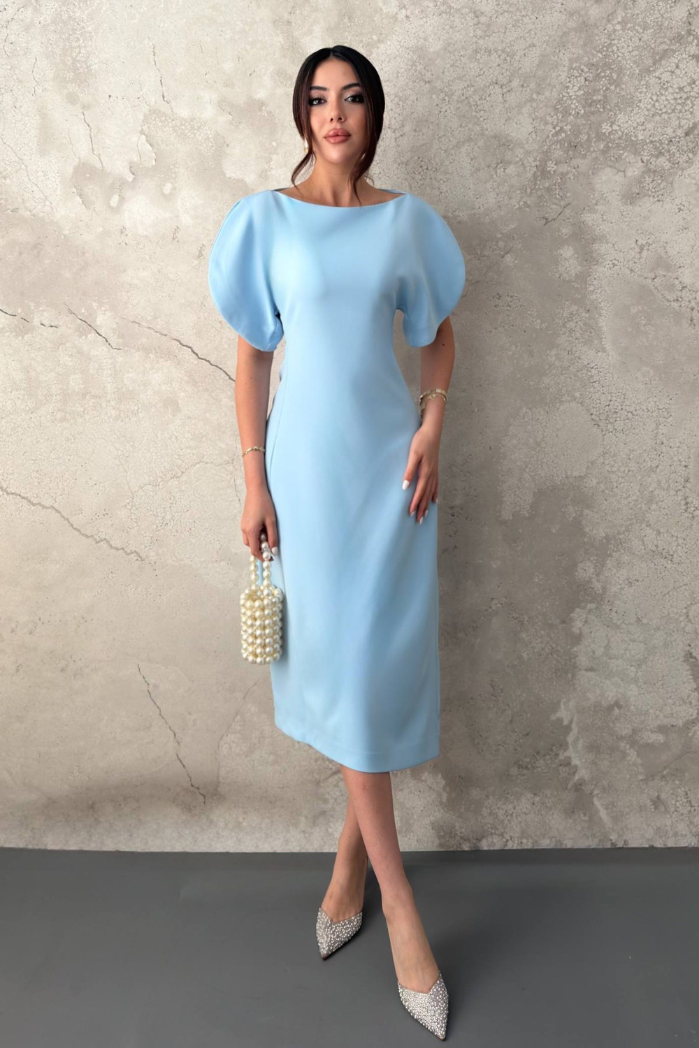 Wholesale Light Blue Petal-Sleeve Boat-Neck Dress