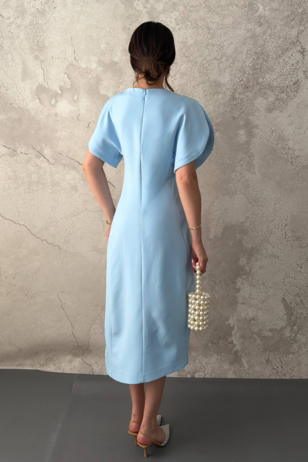 Wholesale Light Blue Petal-Sleeve Boat-Neck Dress