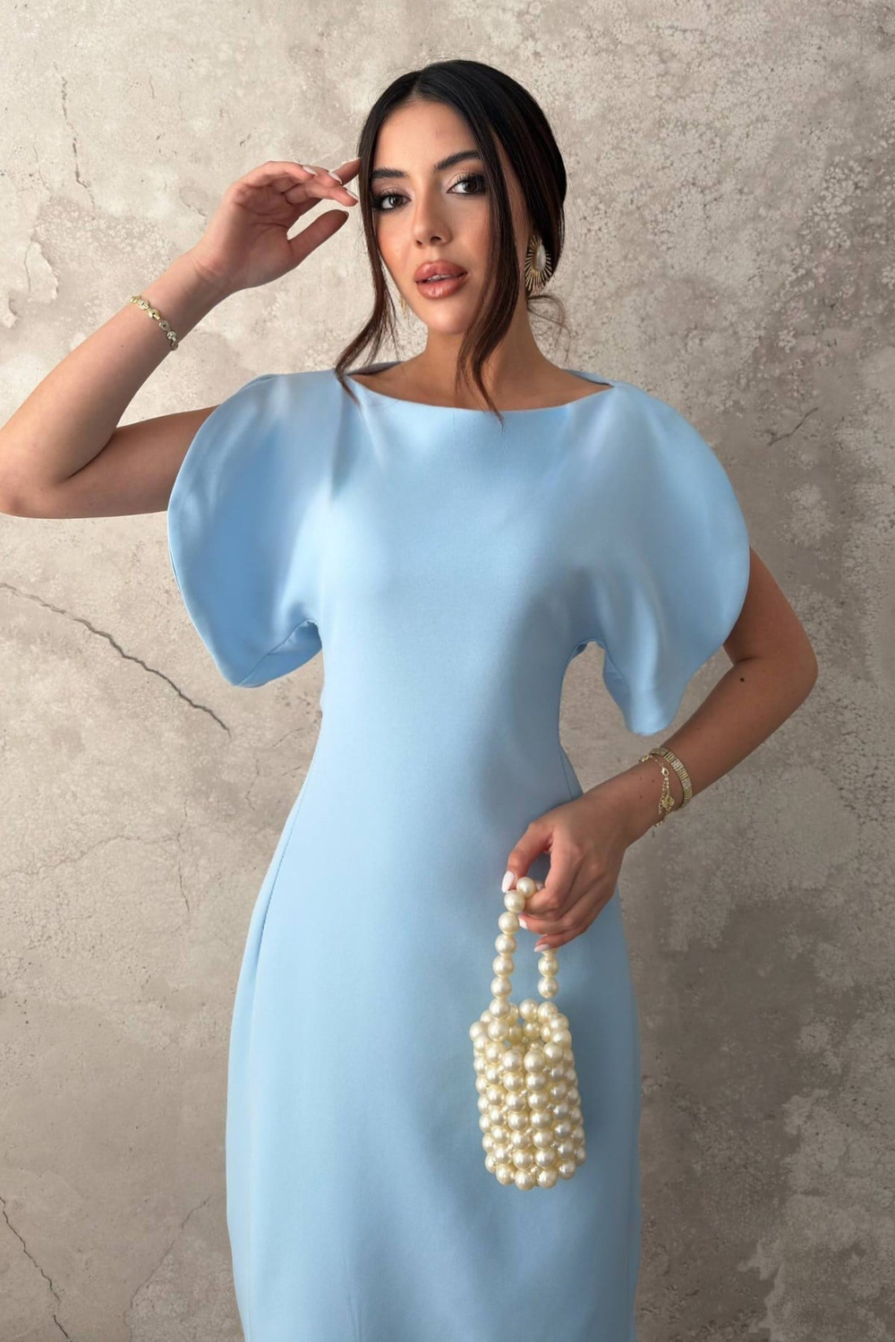 Wholesale Light Blue Petal-Sleeve Boat-Neck Dress