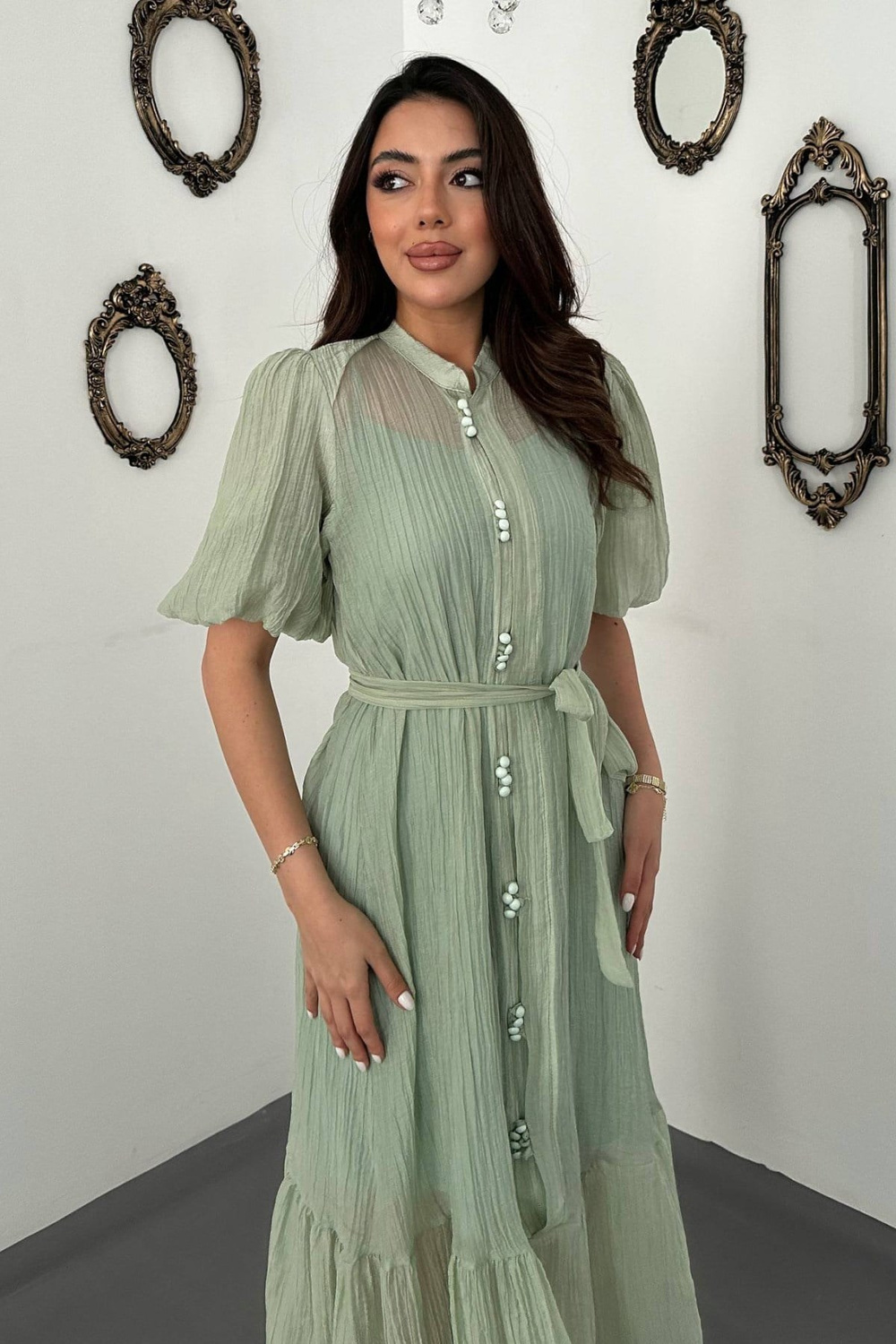 Mint Transparan İç Astarlı Elbise