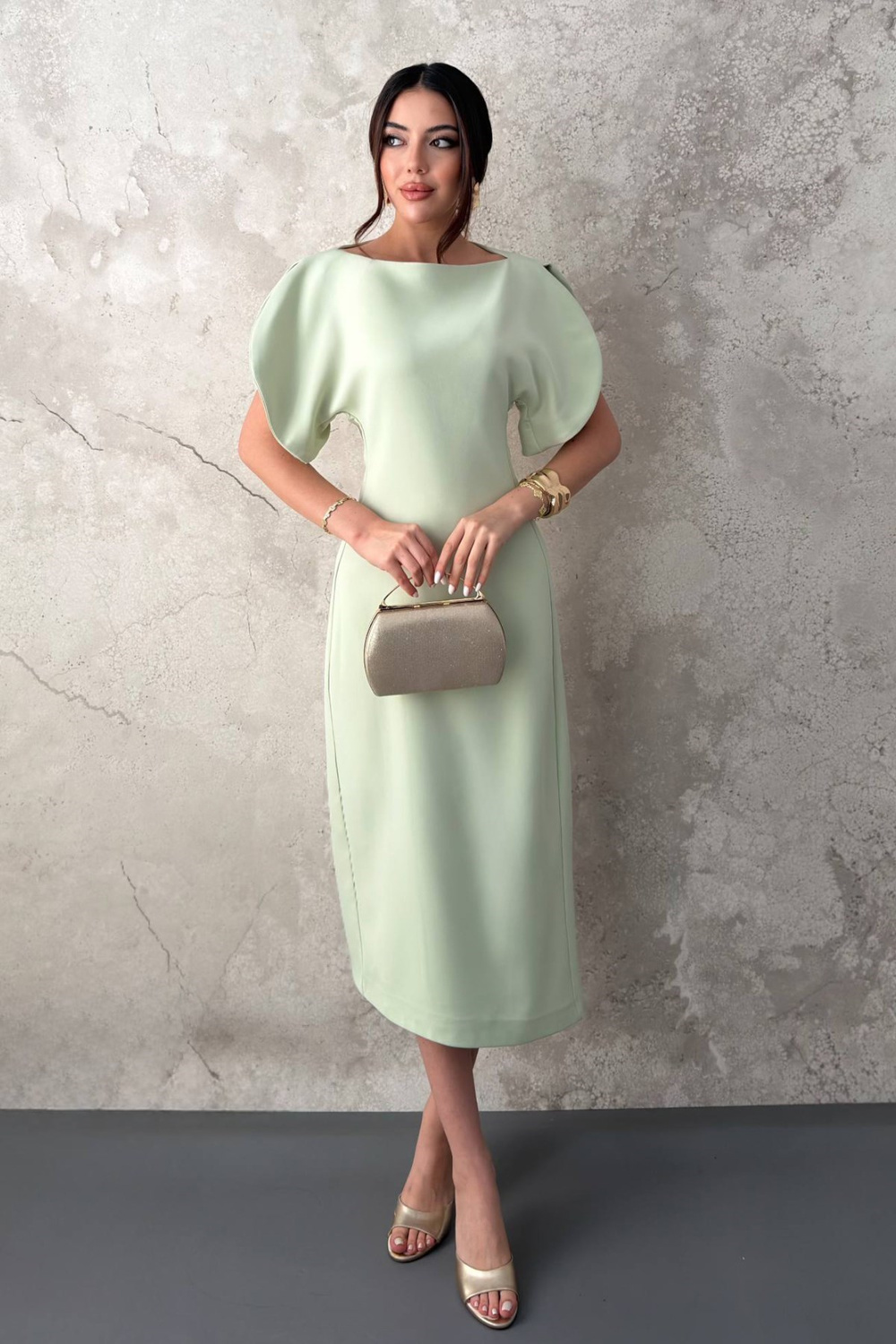 Wholesale Light Mint Petal-Sleeve Boat-Neck Dress