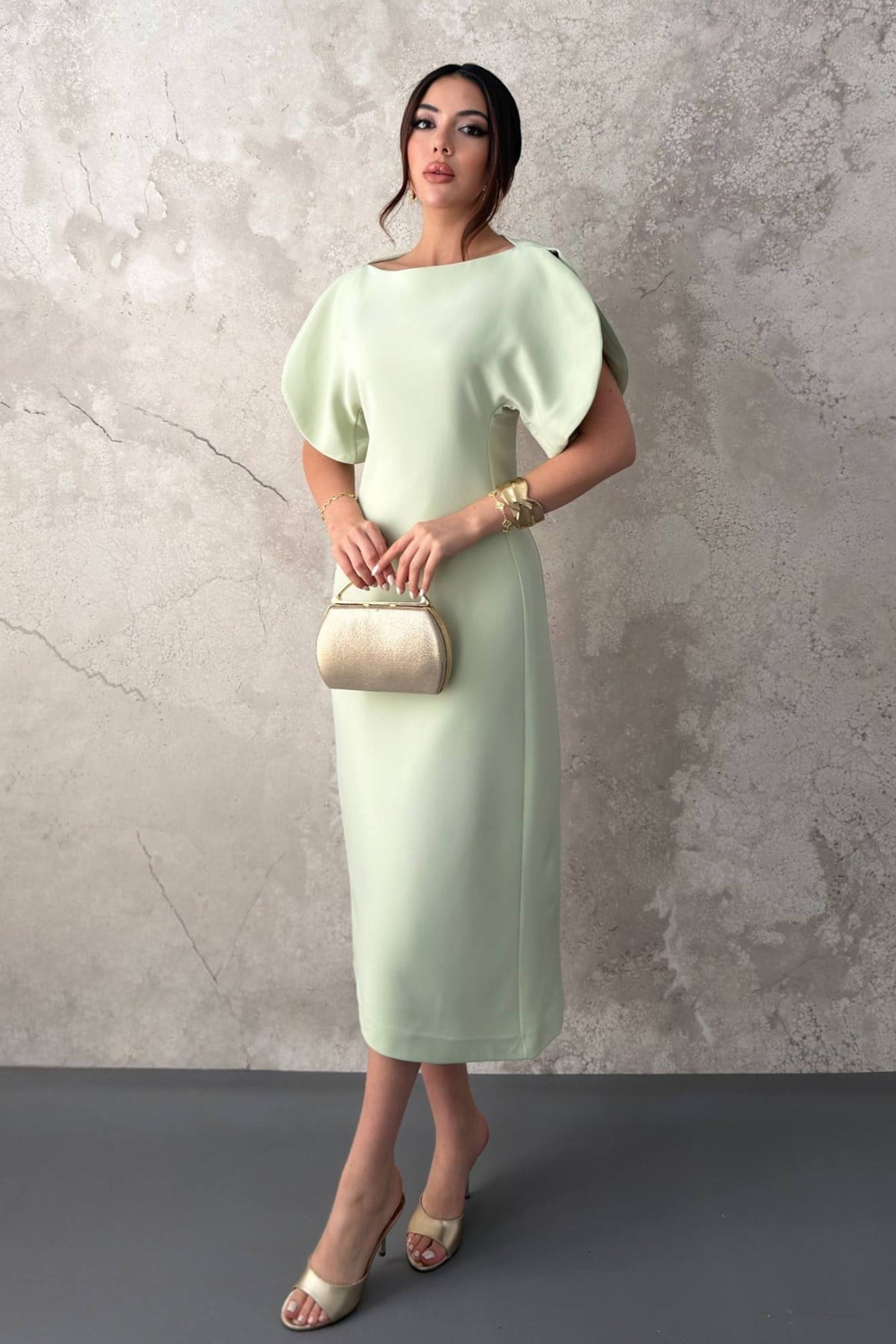 Wholesale Light Mint Petal-Sleeve Boat-Neck Dress