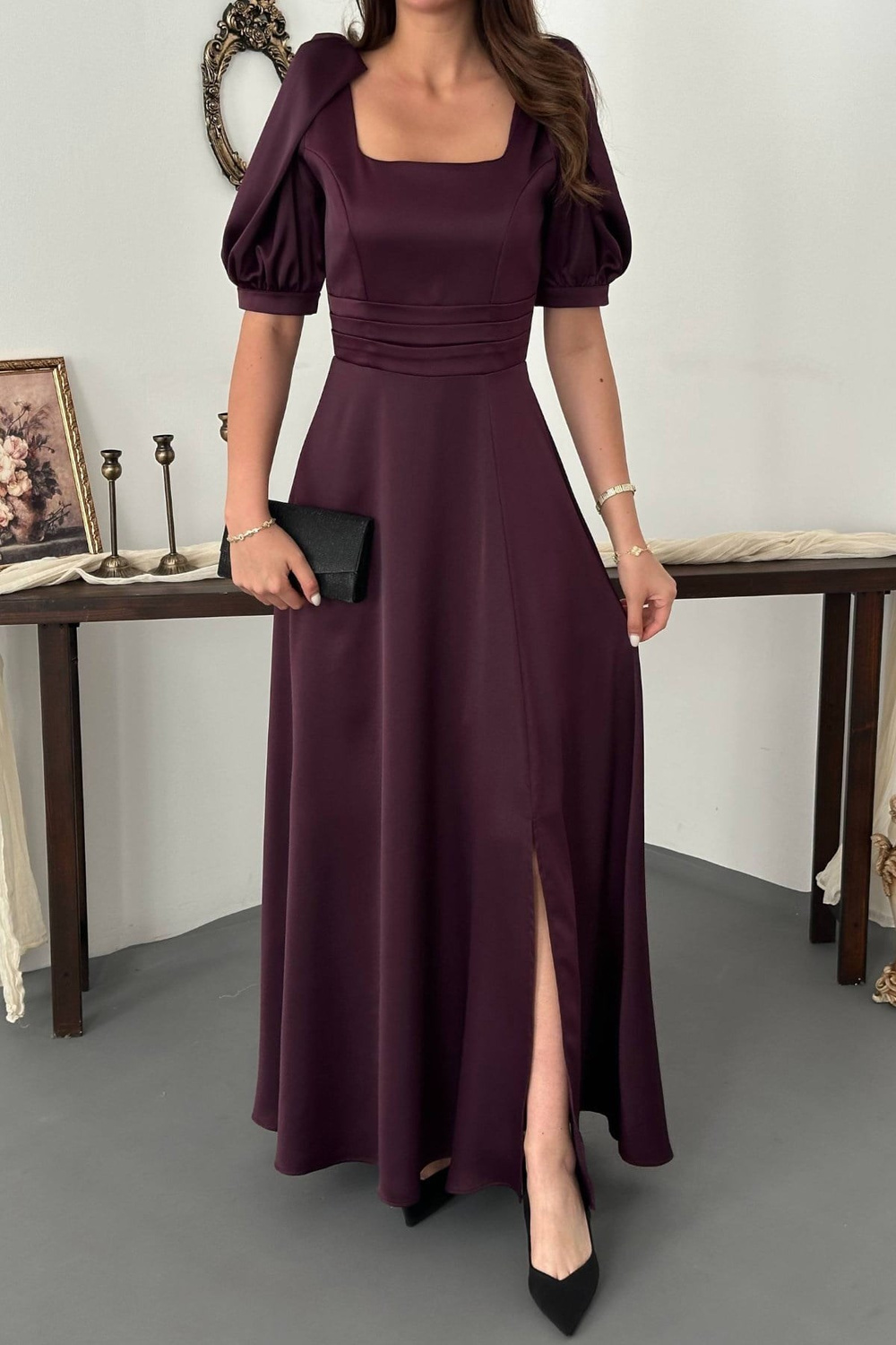 Wholesale Plum Satin Dress with Front Slit