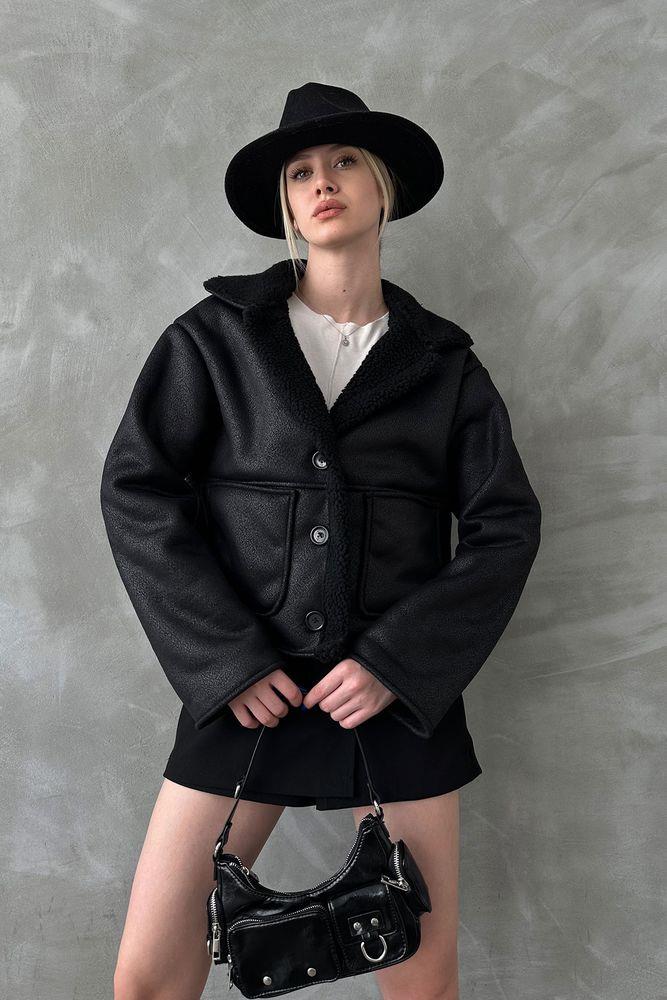 Nubuck Wholesale Coat with Fur Collar - Black Black