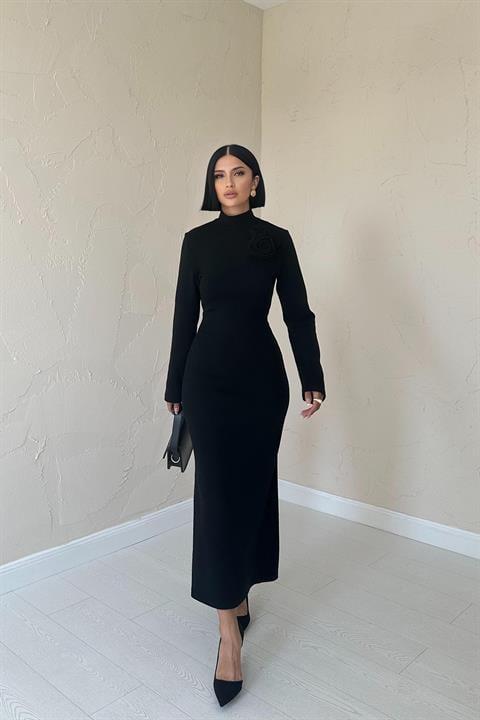 Wholesale Off-the-Shoulder Rose Straight Dress - Black