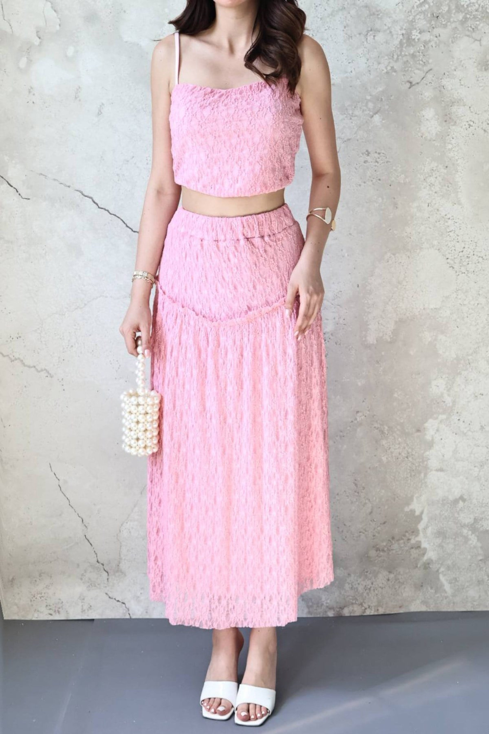 Wholesale Pink Lace Cami Top and Ruffled Skirt Set