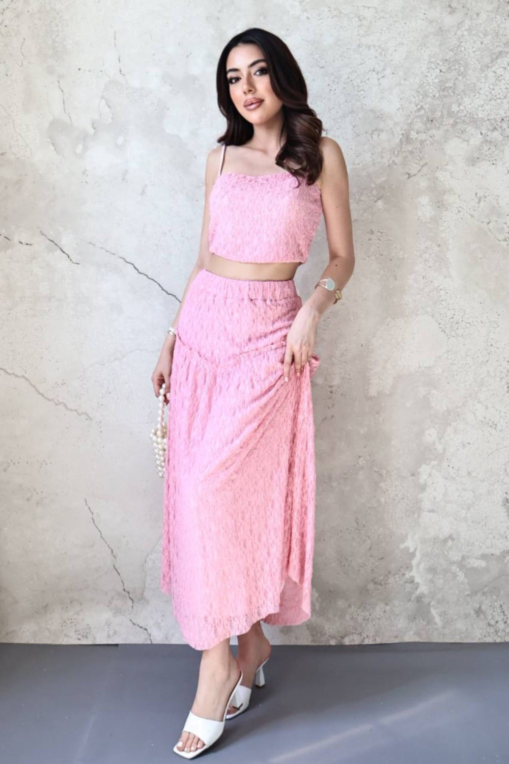 Wholesale Pink Lace Cami Top and Ruffled Skirt Set