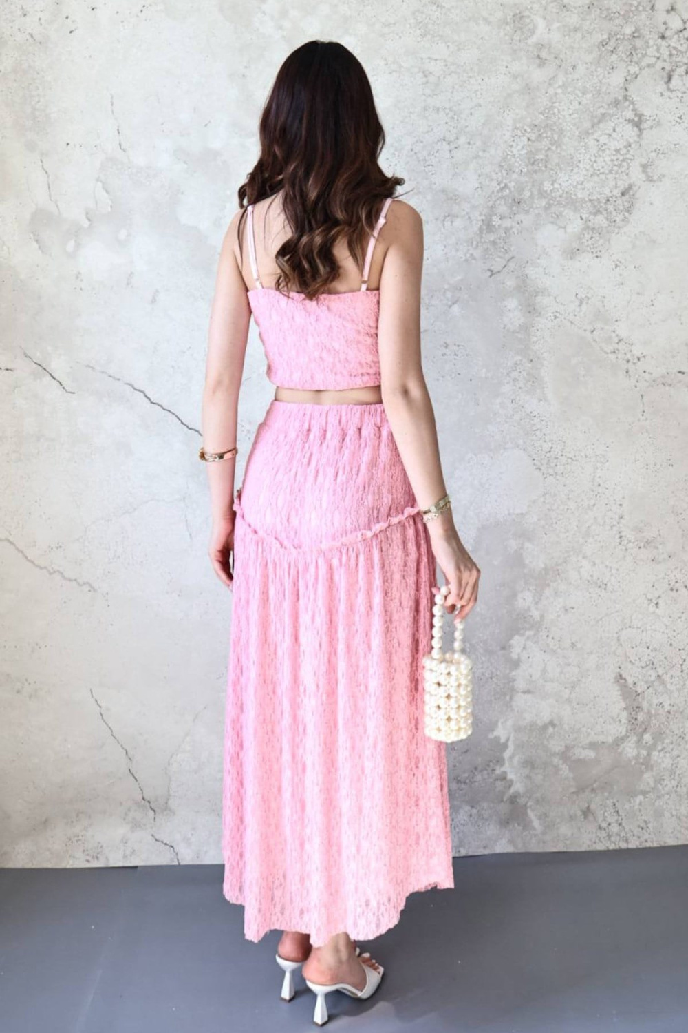 Wholesale Pink Lace Cami Top and Ruffled Skirt Set