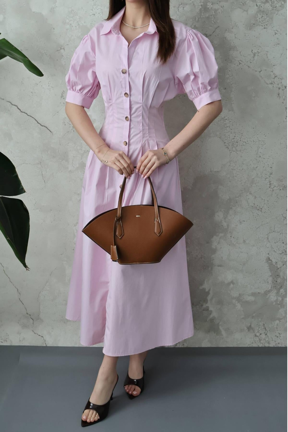 Pembe Pileli Poplin Elbise