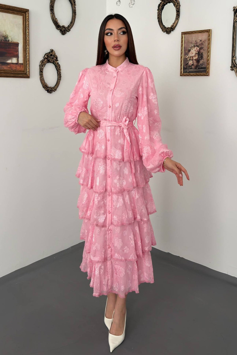 Pembe Valonlu Şeritli Uzun Elbise