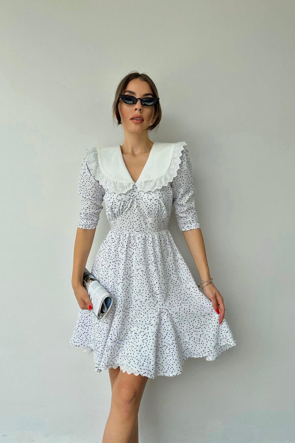 Wholesale Polka Dot Bib Collar Dress - White