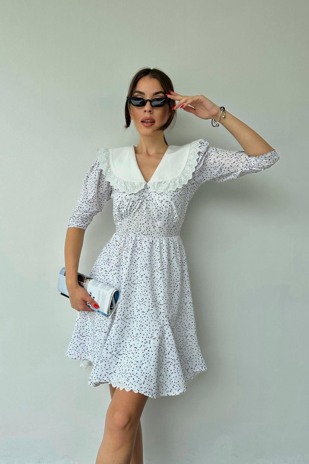 Wholesale Polka Dot Bib Collar Dress - White