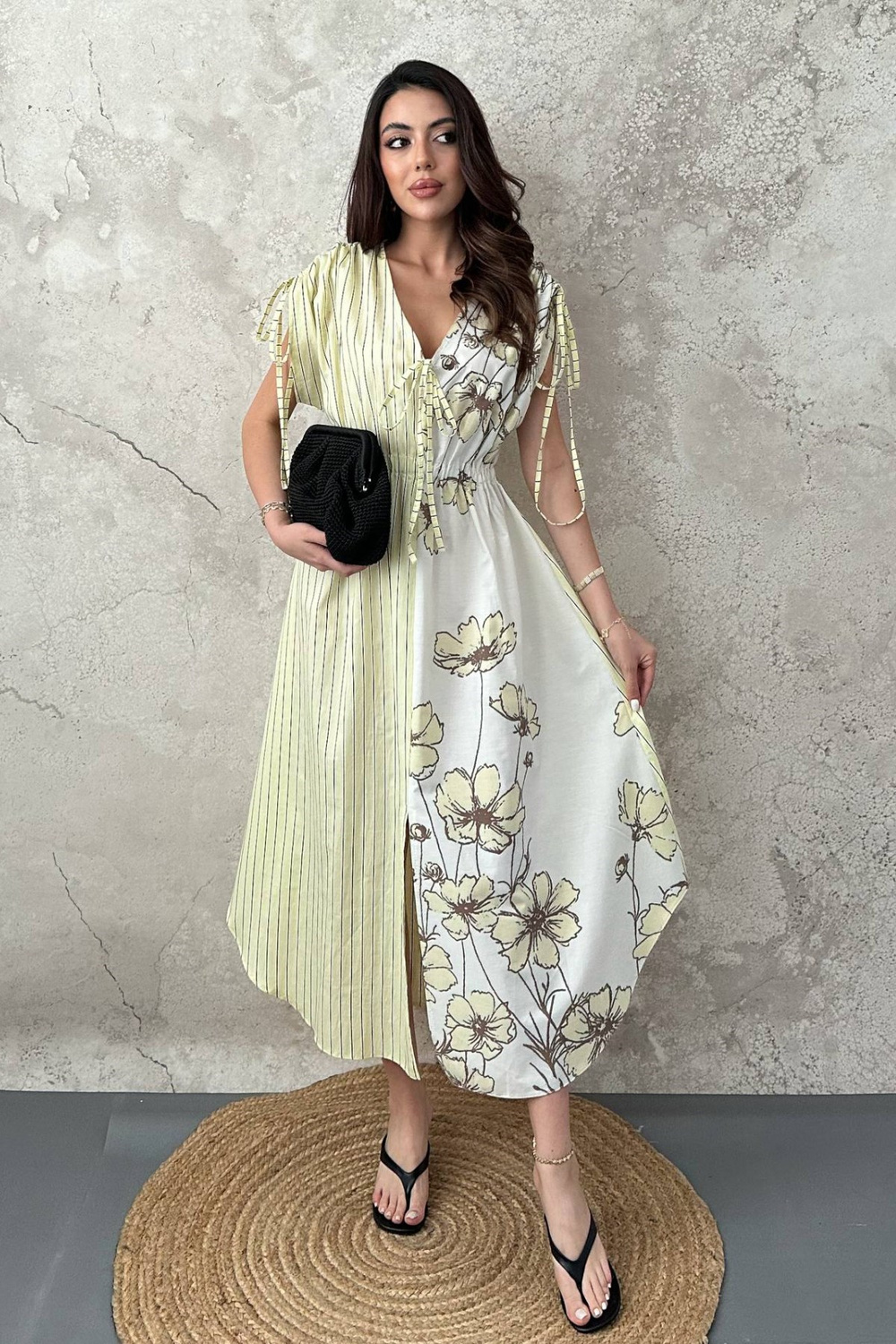Wholesale Womens Yellow Striped Floral Dress