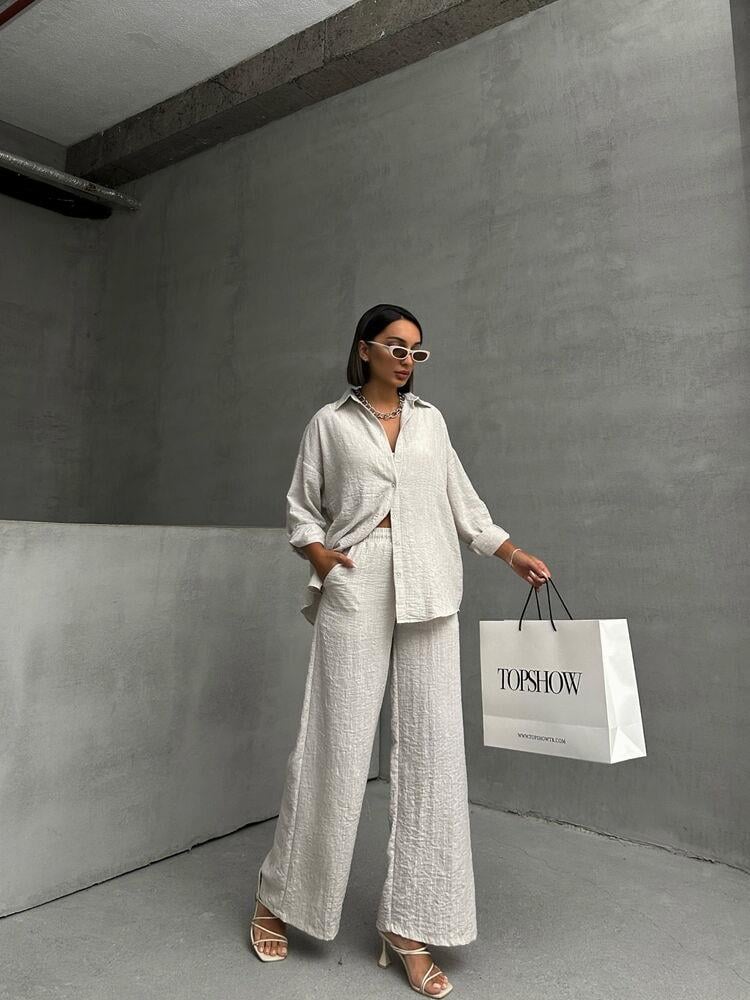 Wholesale Shirt with Lurex Stripes - Stone Silver