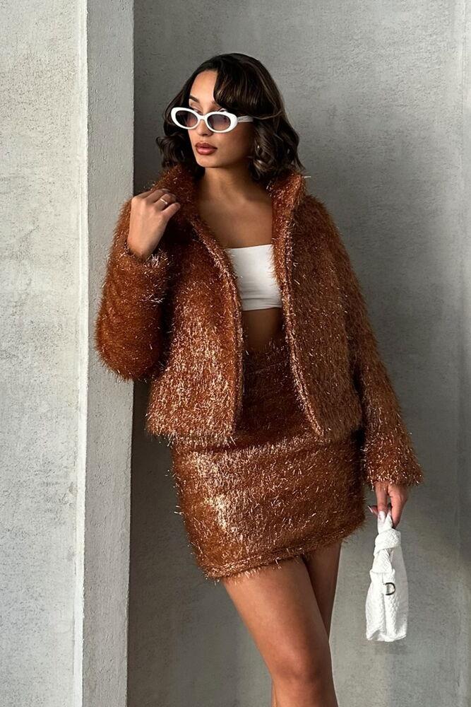 Wholesale Coat with Silvery Fringe - Coffee