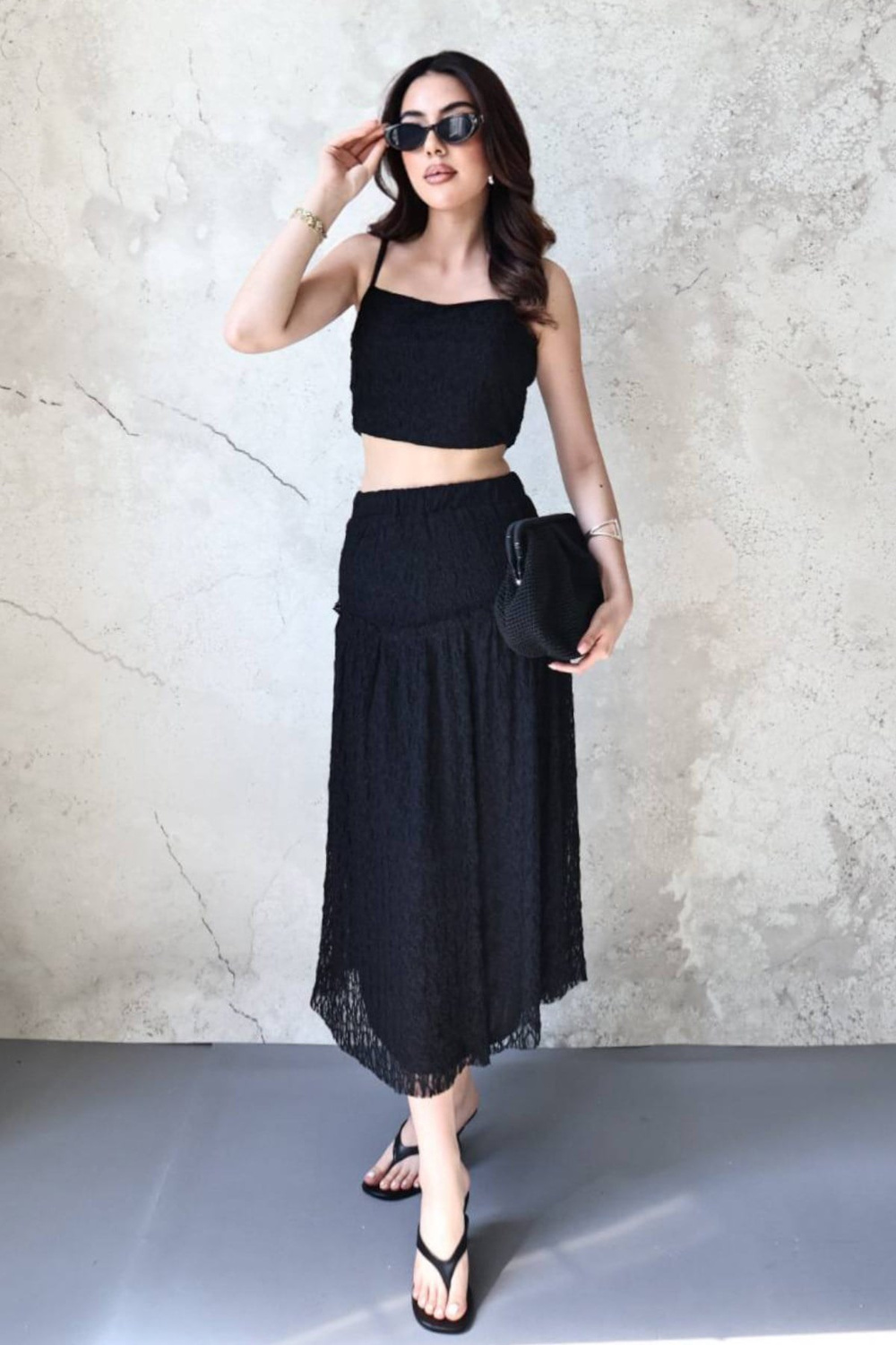 Wholesale Black Lace Cami Top and Ruffled Skirt Set