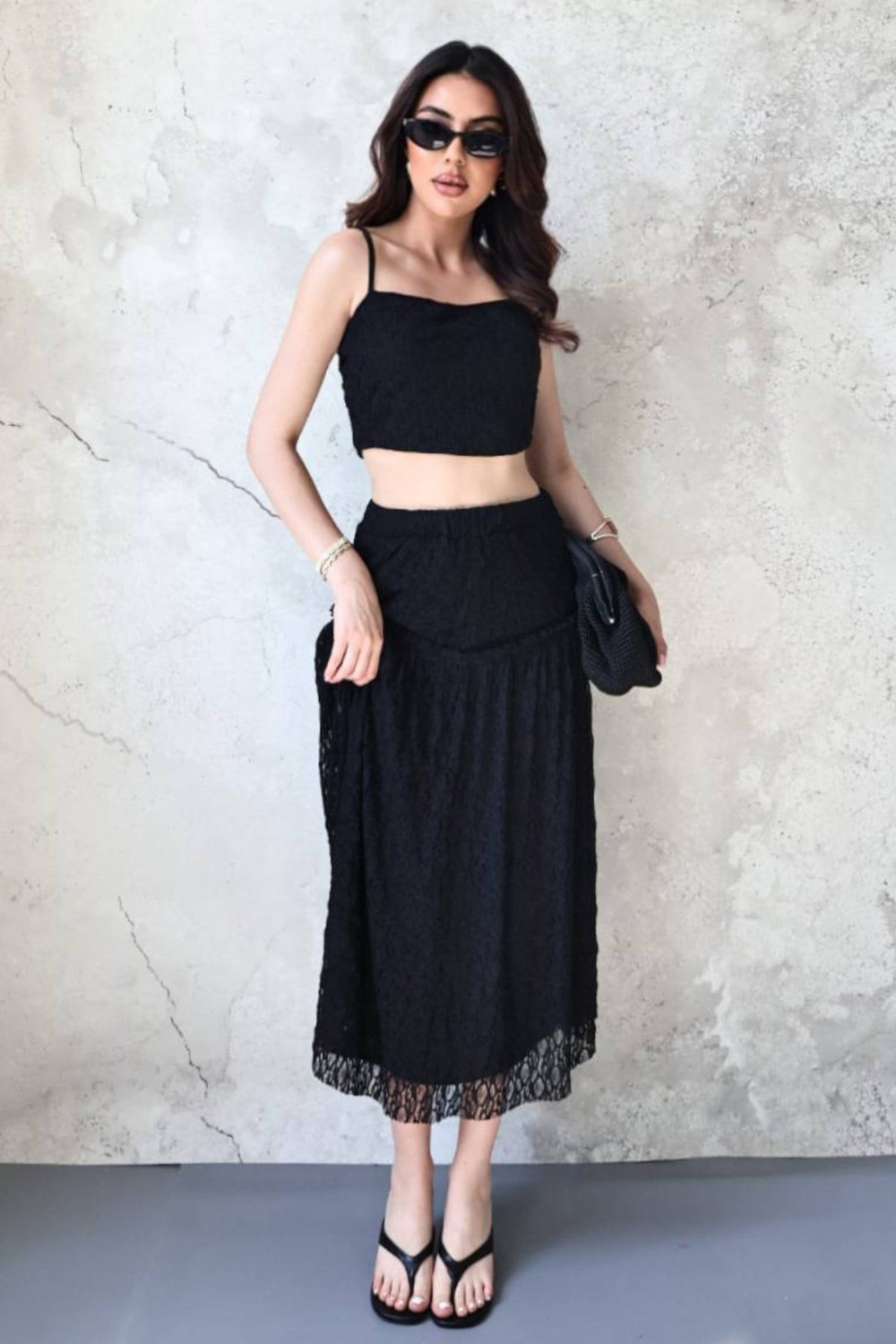 Wholesale Black Lace Cami Top and Ruffled Skirt Set