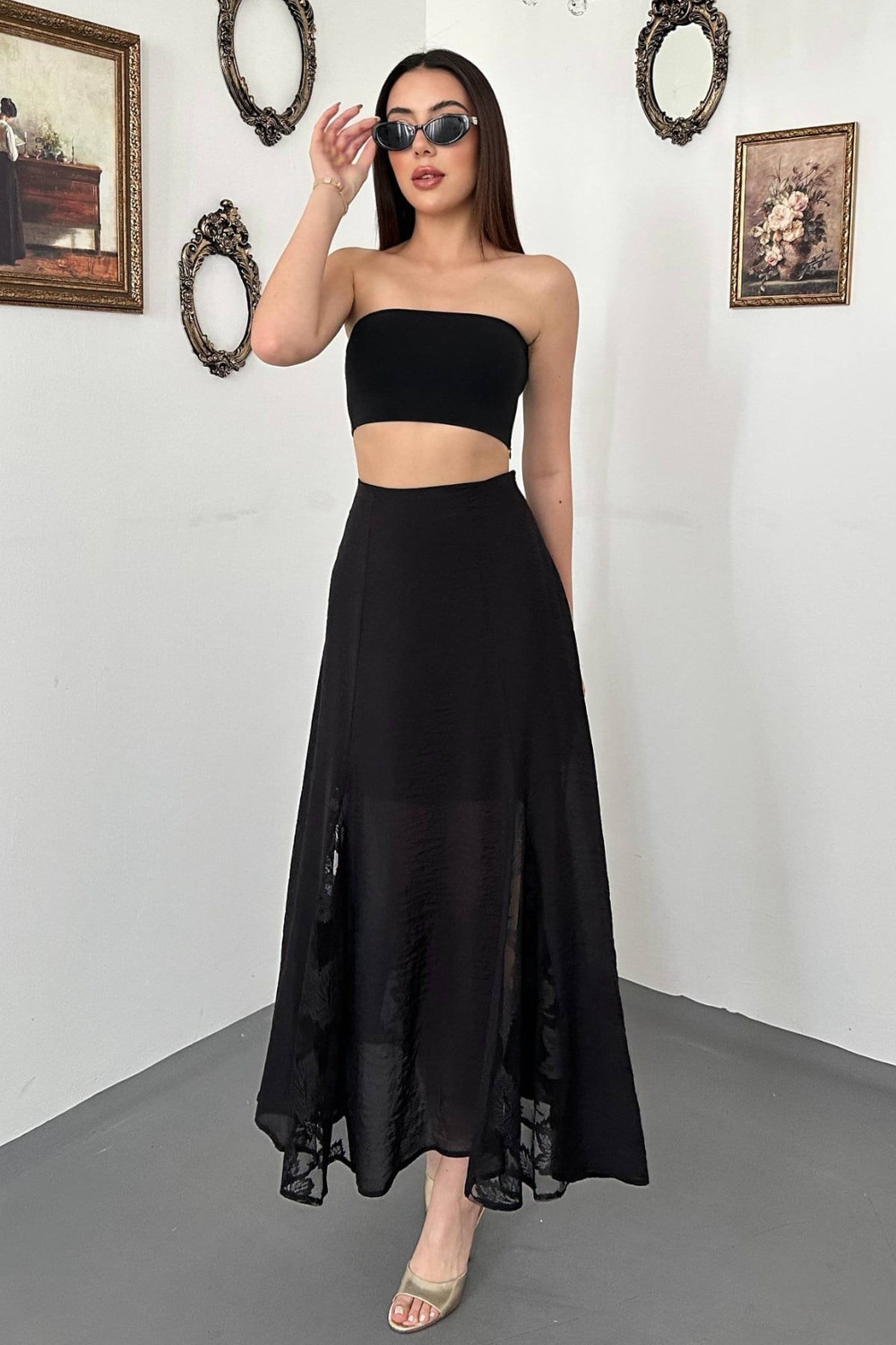 Wholesale Black Crinkled Maxi Skirt with Lace Panels