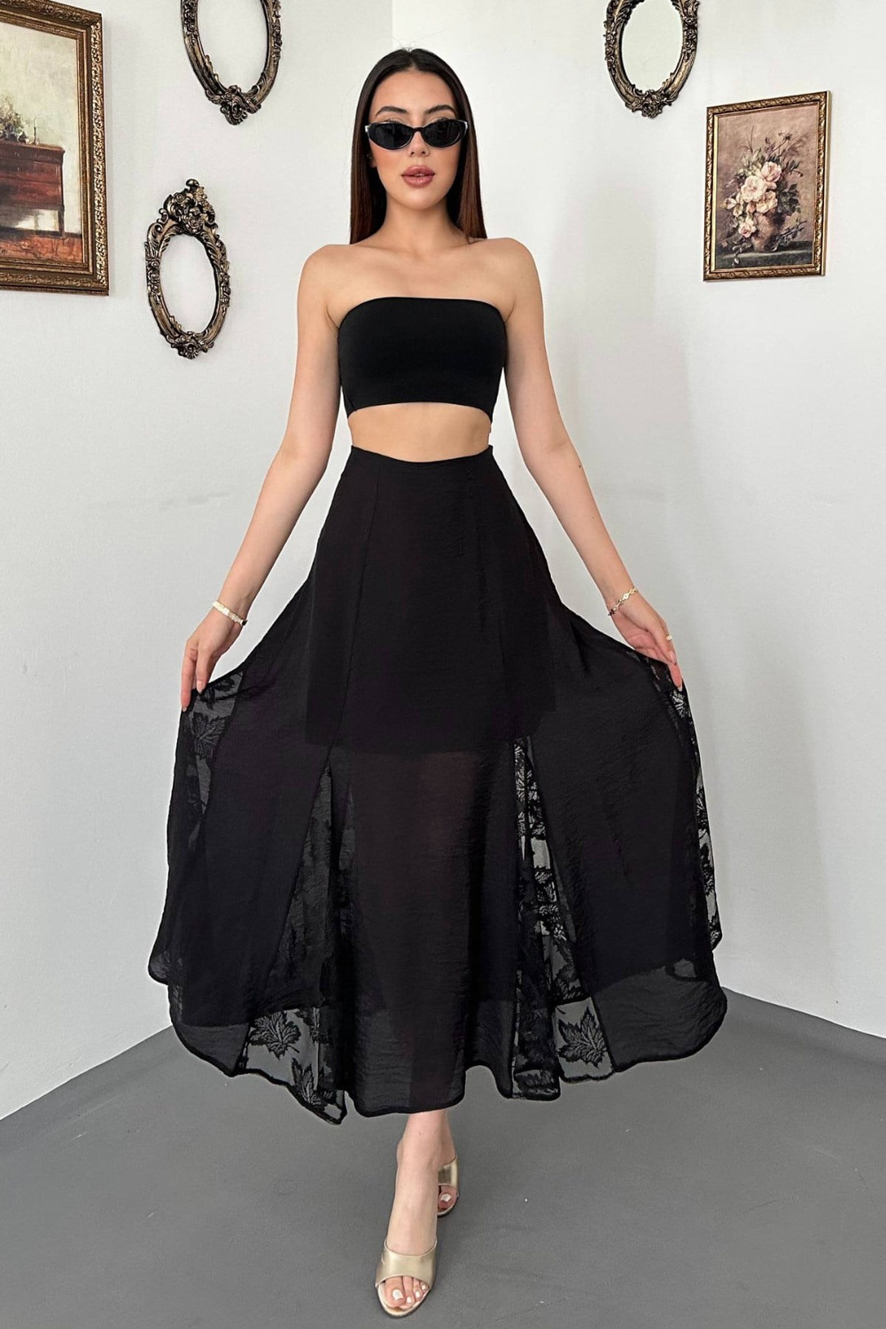 Wholesale Black Crinkled Maxi Skirt with Lace Panels