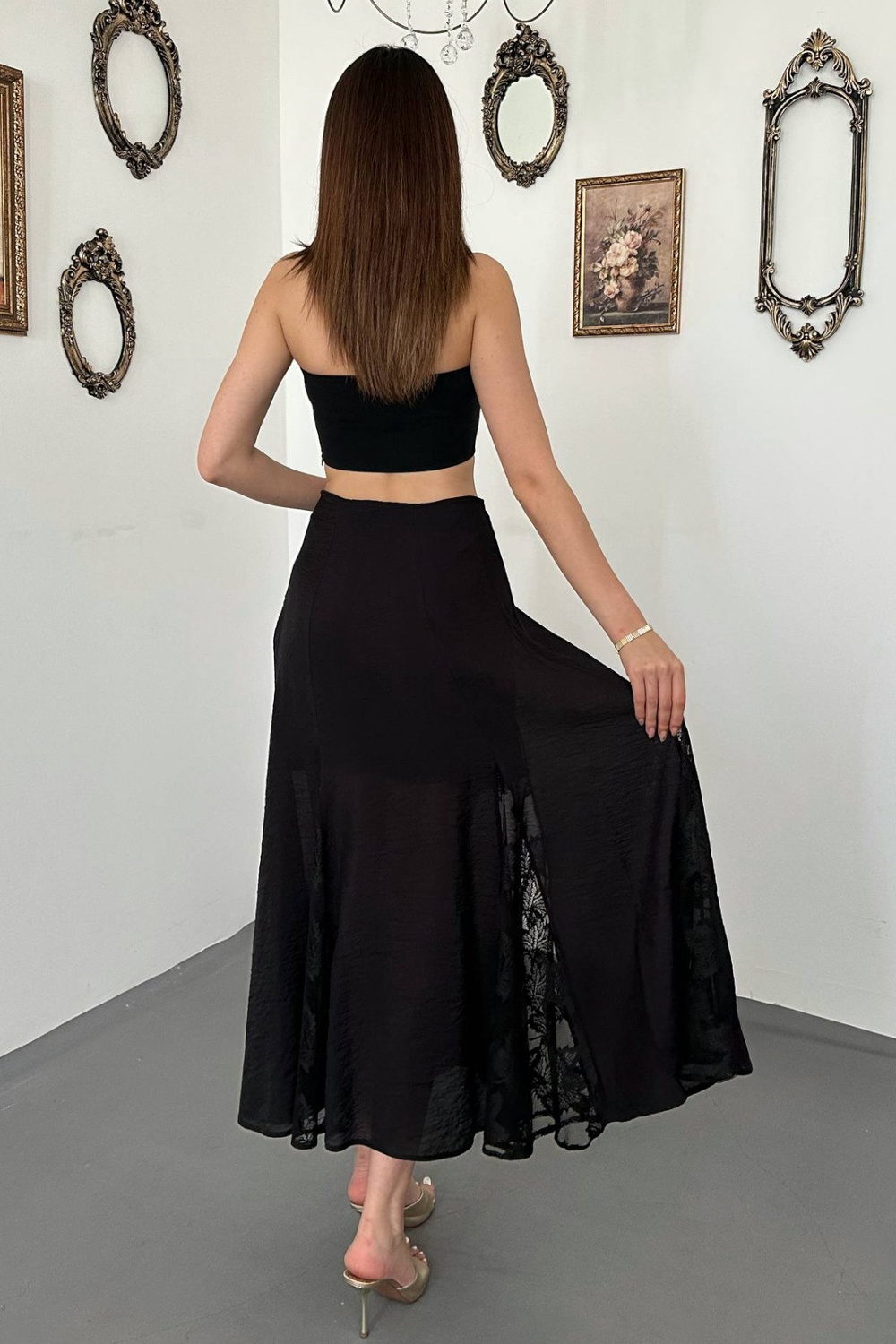 Wholesale Black Crinkled Maxi Skirt with Lace Panels