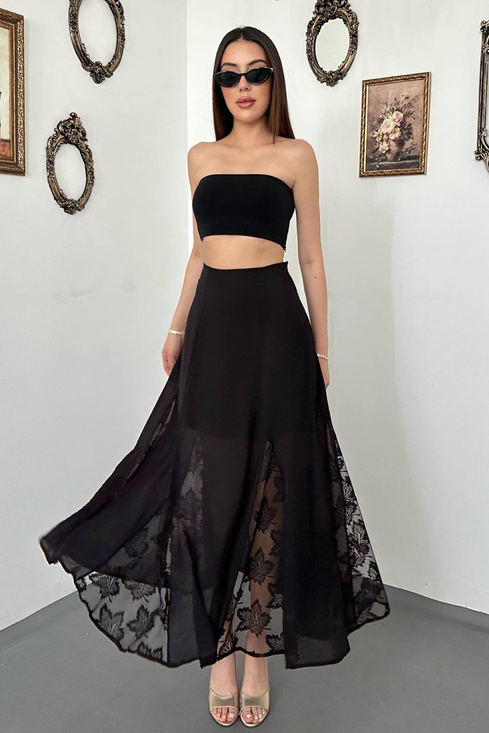 Wholesale Black Crinkled Maxi Skirt with Lace Panels