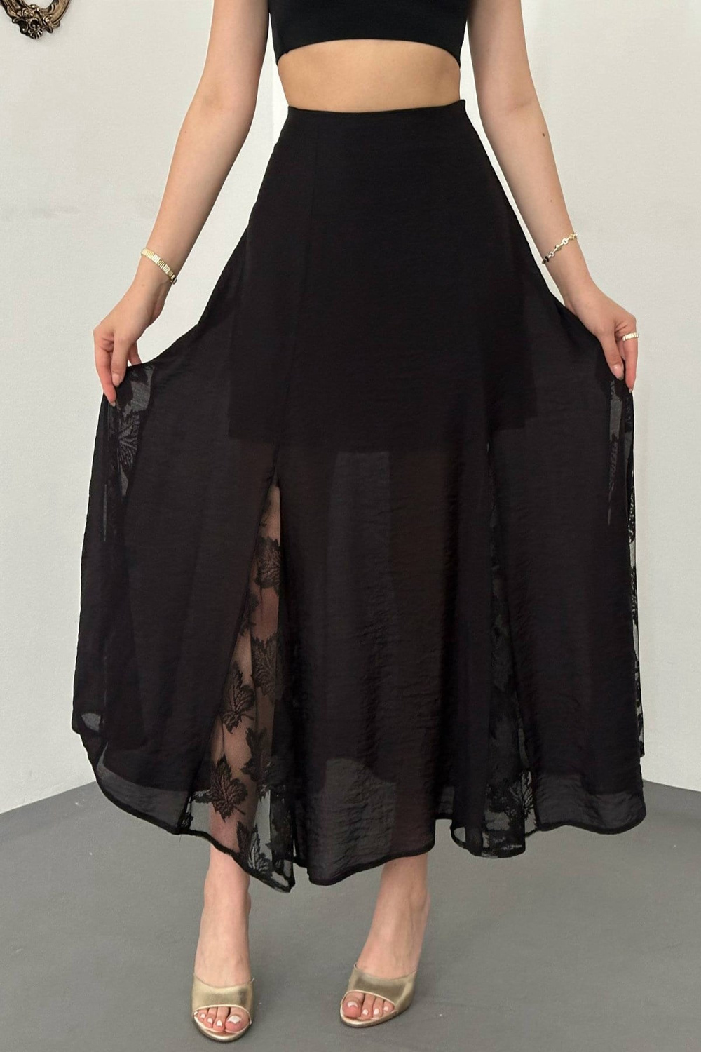 Wholesale Black Crinkled Maxi Skirt with Lace Panels