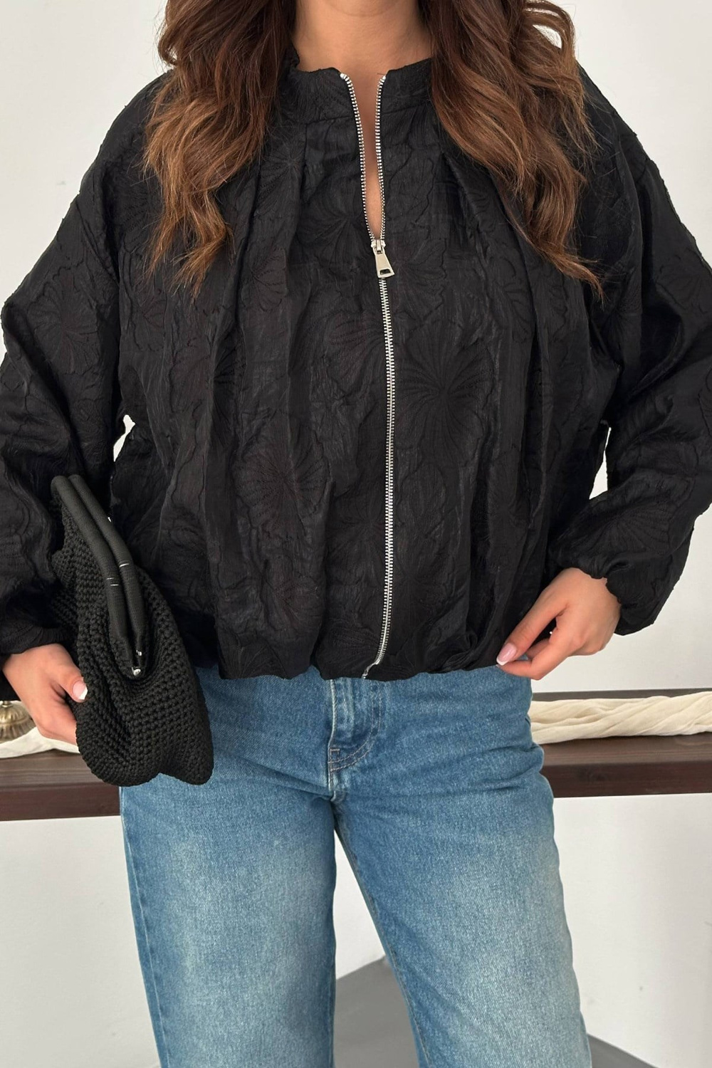 Wholesale Womens Black Jacquard Bomber Jacket