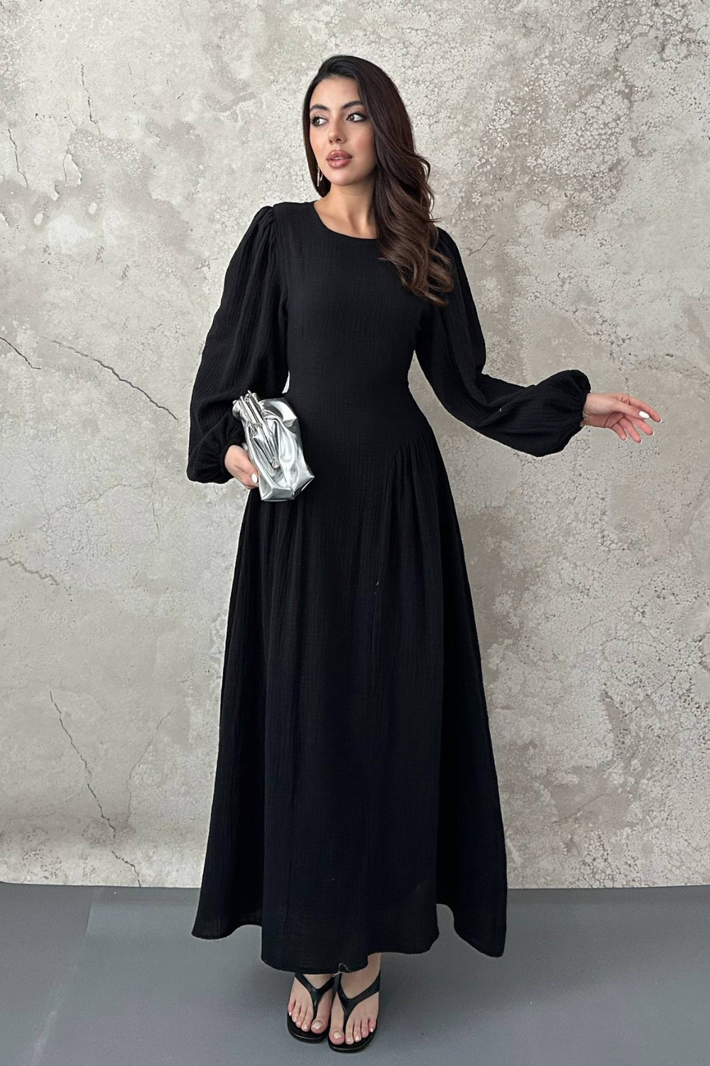 Wholesale Black Gathered Dress with Long Balloon Sleeves