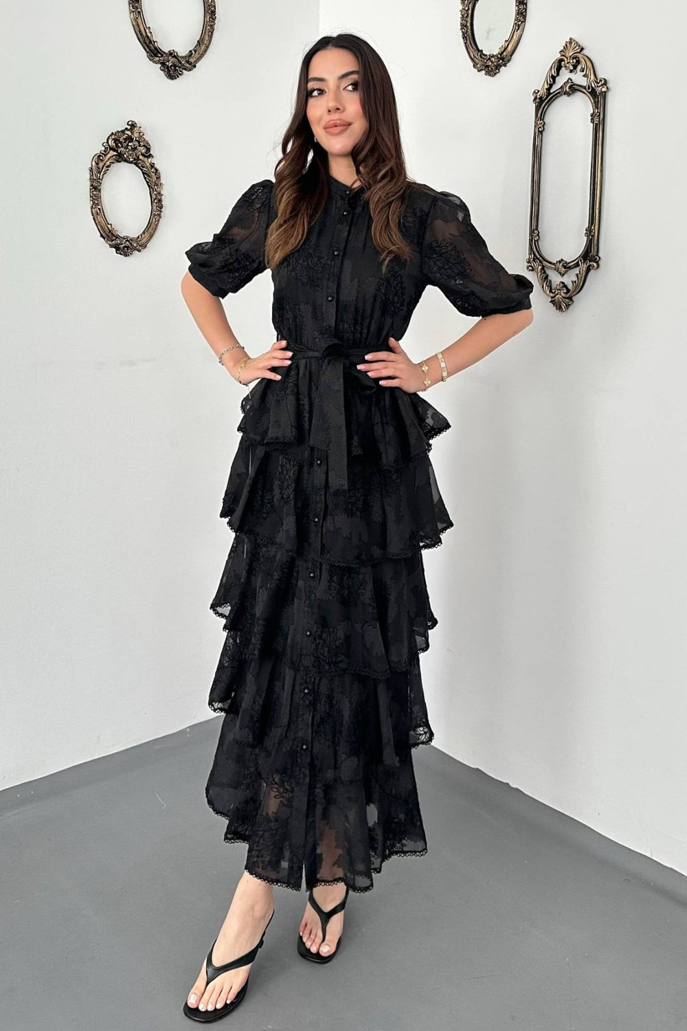 Wholesale Black Tiered Jacquard Dress